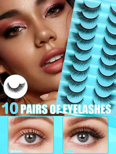 10 par lösögonfransar i Fox Eye-stil med kattögon, naturligt utseende, med syntetiska minkfibrer, mjuka i konsistensen, tjocka och böjda, med avlånga och fluffiga yttre hörn som liknar rävägon, handgjorda lösögonfransar med full remsa, lätta, för glamorös ögonmakeup, som enkelt förbättrar ditt ögonutseende | Cat Eye-effekt | Elegant design | Remsor av ögonfransar|