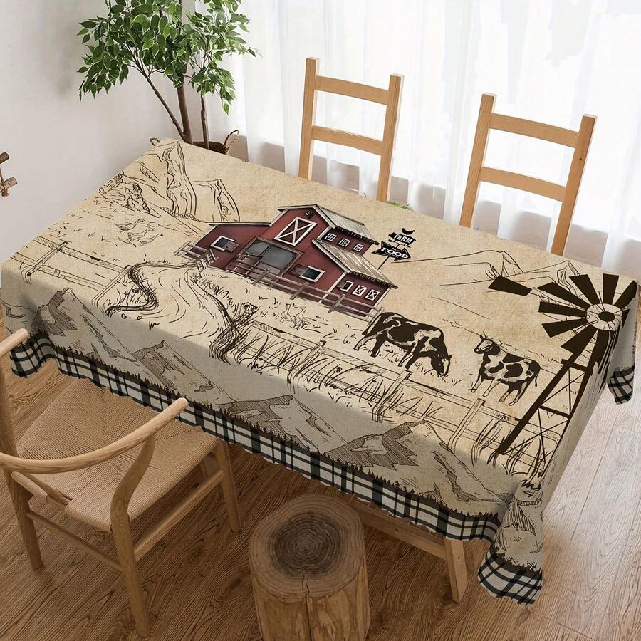 1PC Country Style Farmhouse Tablecloth, All-Season Decorative Tablecloth, Vintage Windmill And Plaid Cow Pattern Home Decor, Suitable For Kitchen, Dining Room, Parties, Holidays, Weddings, And Indoor/Outdoor Use. - Multicolor - View 1