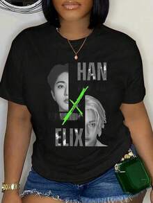 Camiseta de manga corta con cuello redondo, 100% algodón, diseño de retrato X Elix, moda urbana, transpirable y suave, unisex - Negro - Ver 5