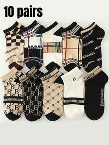 5双/10双装女士短袜，字母条纹图案，优雅法式复古时尚百搭，春夏款 - 彩色 - 查看 1