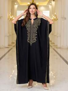 Black Embroidered Dress Thobe For Women House Dress Kaftan - Black - View 10