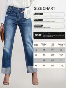 Women Vintage Washed Distressed Casual Straight-Leg Slanted Pocket Jeans Rolled-Up Cuffs, Non-Stretch Trousers, Perfect For Everyday Wear And Commuting. - 深色水洗藍 - 查看 5