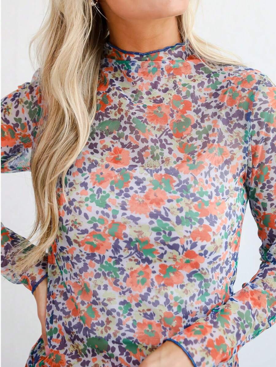 印花薄纱露脐上衣，度假沙滩装 - 多色1 - 查看 1