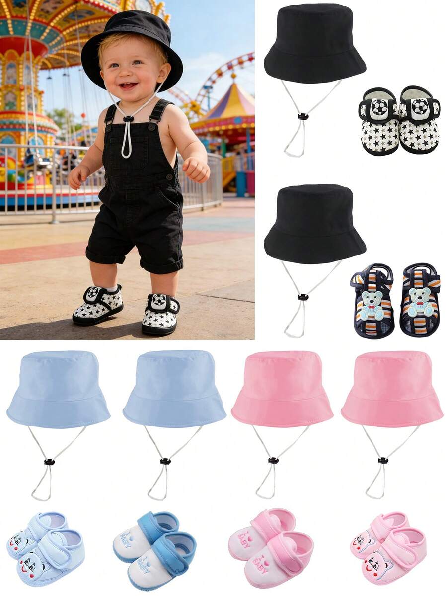 2Pcs Baby With Tether Windproof Bucket Hat & Silicone Anti-Slip Socks Set - 0-12 Months Unisex Windproof Sun Protection Black Pink Blue - Multicolor - View 1