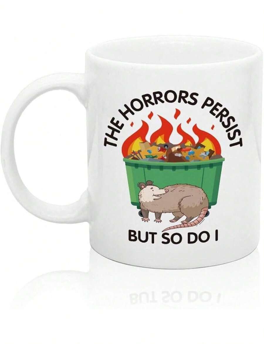 XQLZY The Horrors Persist, But So Do I. Funny And Sarcastic Coffee Mug With Opossum Vibes And Fire In The Trash Can. Mental Health - 白色 - 查看 1
