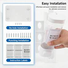 2/3 pezzi Dispenser di sapone per doccia da bagno, dispenser di sapone liquido per interni, dispenser di lozione e gel, montato a parete senza foratura, trasparente marrone con etichetta di blocco, adatto per bagno, doccia, cucina, nero, grigio scuro, bianco, 300ml/bottiglia, decorazione da bagno, decorazione autunnale, decorazione per il ritorno a scuola - Bianco - Visualizzare 7
