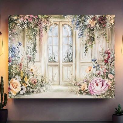 2D平面横幅 春季复古拱形柱花卉装饰背景横幅，婚礼蜜月风格派对装饰，生日、婚礼、圣诞节派对用品装饰横幅，适合室内庆典相机道具、拍照道具，营造节日气氛。多种款式和尺寸可选。