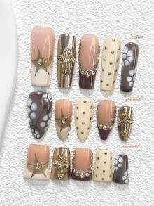 10pcs Elegant Retro Nail Art Stickers, Steel Ball Heart Nail Accessories, Small Heart Pattern Decor, Deep Red Nail Polish, 3 Styles Available: Almond, Square, Duck Mouth Nail Stickers, Includes Tool Kit, Suitable For Women & Girls For Daily, Party, Valentine's Day, Important Occasions Handmade Press On Nails - 彩色 - 查看 1