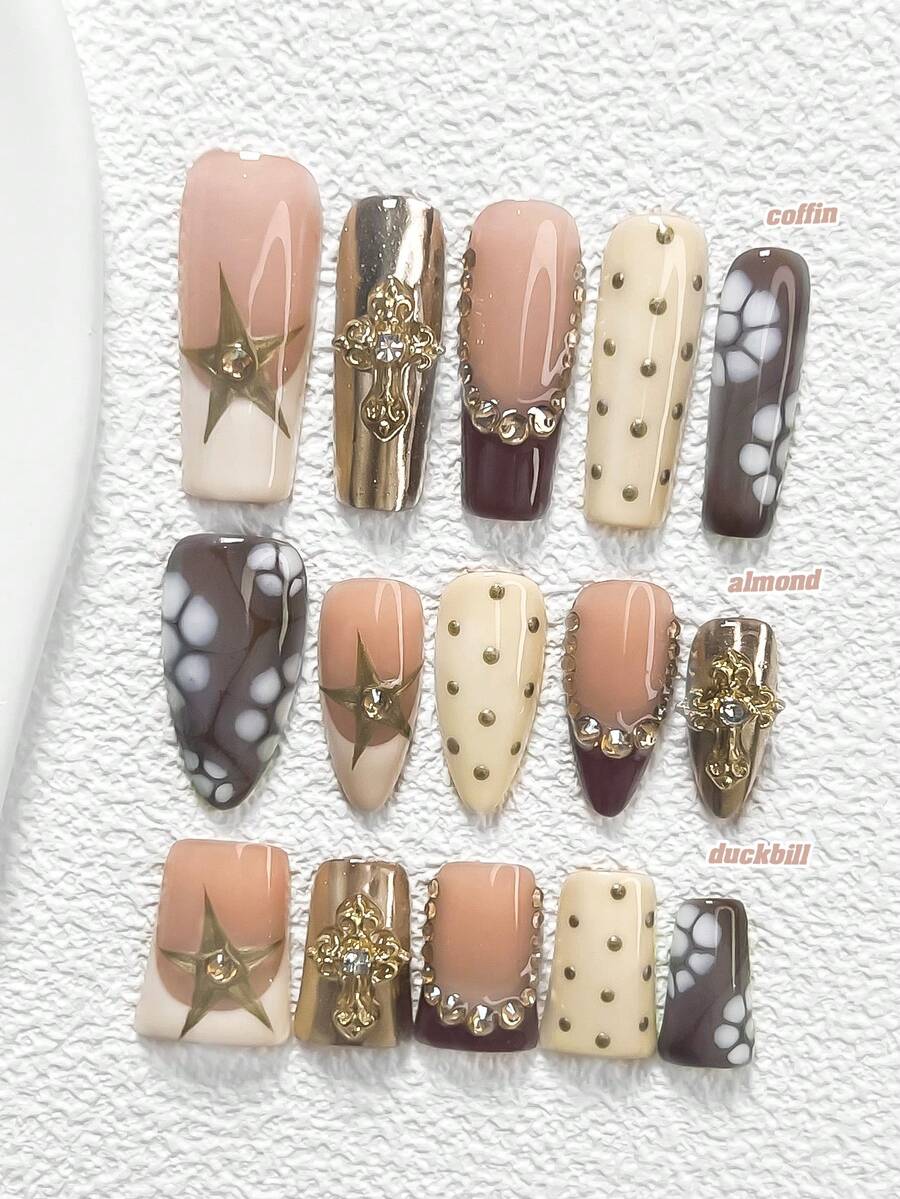 10pcs Elegant Retro Nail Art Stickers, Steel Ball Heart Nail Accessories, Small Heart Pattern Decor, Deep Red Nail Polish, 3 Styles Available: Almond, Square, Duck Mouth Nail Stickers, Includes Tool Kit, Suitable For Women & Girls For Daily, Party, Valentine's Day, Important Occasions Handmade Press On Nails - 彩色 - 查看 1