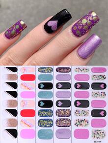 5张全包式指甲油贴纸，闪亮爱心法式美甲情人节自粘指甲贴条，适合女性和女孩，DIY美甲套装，美甲用品 - 彩色 - 查看 2