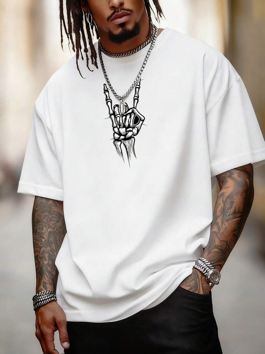 男士宽松骷髅印花圆领短袖T恤 | 精致设计 | 夏季必备 | 易于搭配 - 白色 - 查看 1