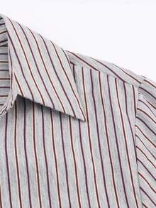 条纹印花系带休闲长袖衬衫，适合春秋季穿着 - 彩色 - 查看 4