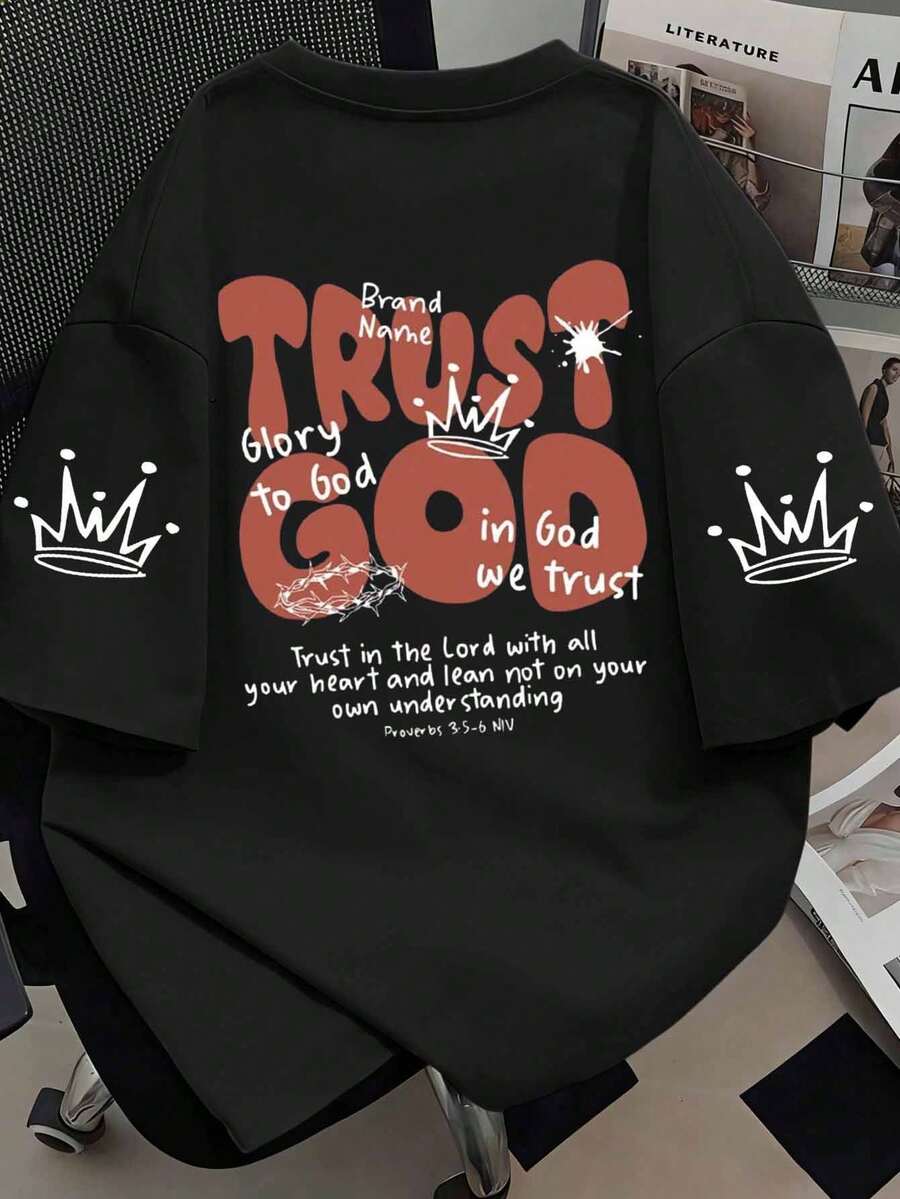 大码女式励志信仰主题文字图案印花圆领短袖T恤，柔软舒适，适合春夏日常休闲穿着，黑色 - 黑色 - 查看 1