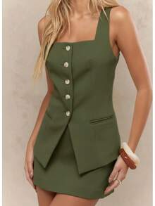 TendenciaTraje De Dos Piezas Con Falda Y Chaleco Para MujerCalidad premium - Verde oscuro - Ver 4