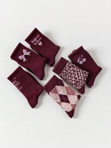 6 Pairs Women's Red Heart Patterned Fashionable Versatile Mid-Calf Socks - Multicolor - View 3