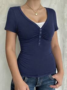 Women's T-Shirt Y2K Sexy Slim Design Sense V-Neck Short-Sleeved Top - 藍色 - 查看 1