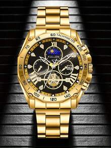 Set de 2 relojes de lujo dorados para hombres, que incluye 1 reloj de cuarzo dorado con función múltiple y números romanos, y 1 billetera de cuero PU con patrón de rombos negros - Dorado - Ver 3