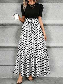 Keke Bloomly 女士优雅A字连衣裙，泡泡袖蝴蝶结装饰 - 圆领，可机洗，适合春夏休闲至半正式场合，应季时尚，尽显女性柔美气质，轻盈面料，时尚女士之选，春假节日优雅连衣裙 - 黑與白 - 查看 3