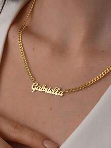 1PC Custom Name Cuban Necklace, Gold Name Necklace With Roadside Chain, Stainless Steel Cuban Chain, Unisex Necklace, Cuban Chain Necklace, Custom Name Necklace, Personalized Jewelry, Couple Necklace, Valentine's Day Gift, Mother's Day Gift For Mom, Eid Gift, Personalized Custom Gift - Multicolor - View 4