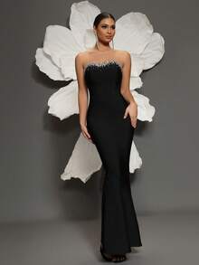 Handmade Rhinestone Embellished Bandage Bodycon Dress, Strapless Mermaid Silhouette, Luxury Sexy Fashion For Family Gathering, Party, Banquet, Evening Gown - Black - View 5