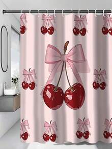 1/4pcs Pink Bow & Cherry Pattern Bathroom Curtain Set, Modern Style Home Decor Printed, Washable, Fashionable Theme, Suitable For All Seasons, Easy Installation - Includes 12 Hooks For Bathroom, Guest Room, Bedroom, Living Room - Multicolor - View 18