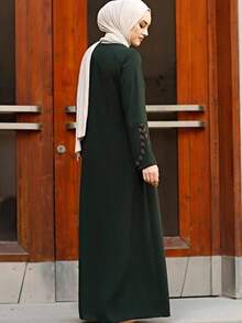 Women's Dark Green Elegant Long Robe, Decorated With Sequin Details, Long Sleeve Round Neck Woven Long Dress Fall - Dark Green - View 3