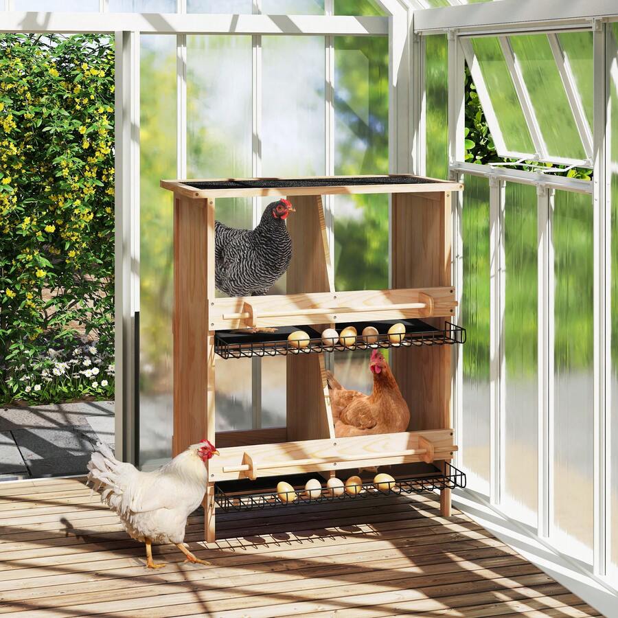 Gallinero de dos pisos de madera maciza – 4 nidos con perchas y suelo aislante – ponedero para gallinas – Nido de madera resistente a la intemperie – 70*38*92 cm – color natural