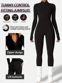 Women's High-Elasticity Long Sleeve Tight Fitting Yoga Jumpsuit, Half-Zip Front Slim Fit Athletic Casual Bodysuit For Cycling, Workout & Daily Wear, Women's Acitvewear. - 黑色 - 查看 1