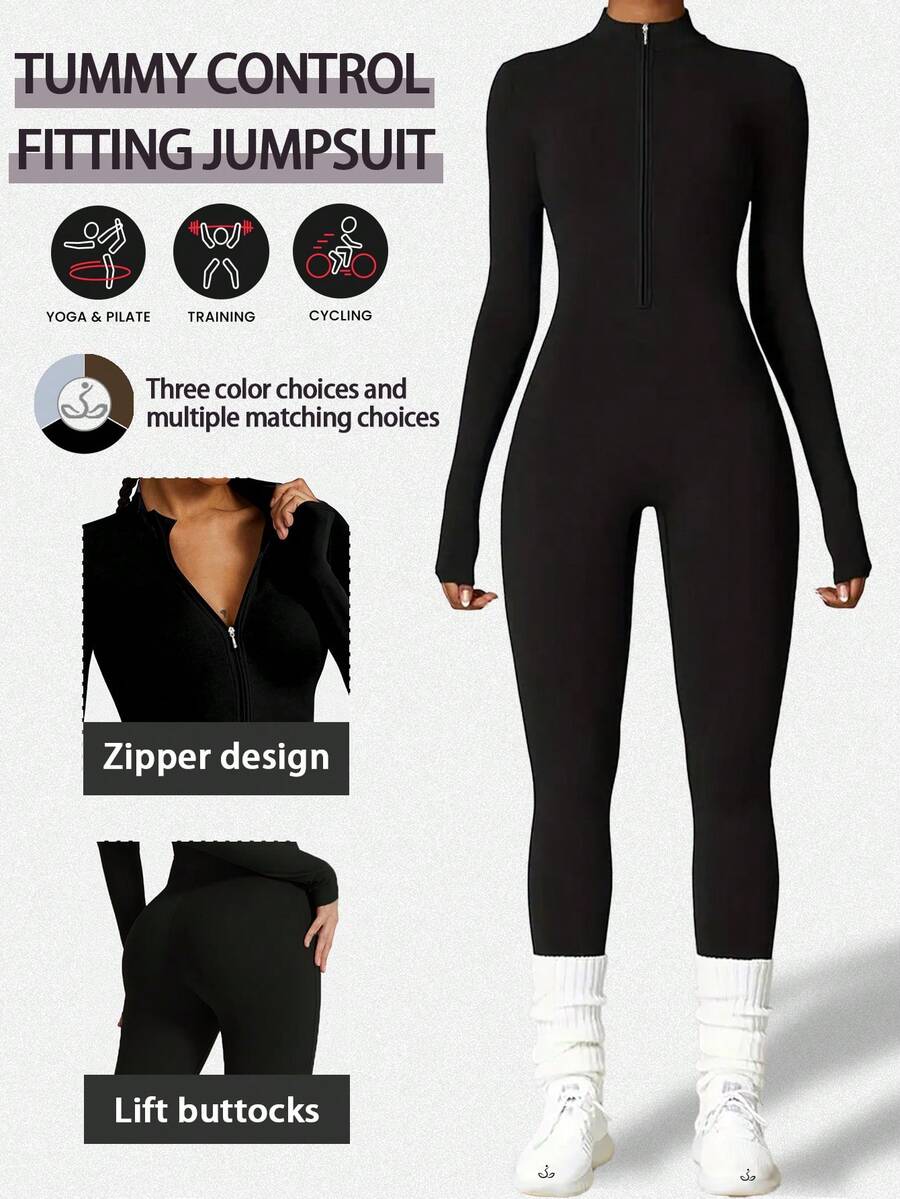 Women's High-Elasticity Long Sleeve Tight Fitting Yoga Jumpsuit, Half-Zip Front Slim Fit Athletic Casual Bodysuit For Cycling, Workout & Daily Wear, Women's Acitvewear. - 黑色 - 查看 1
