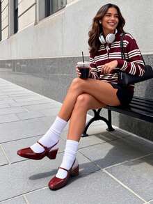 Women's Mary Jane Low Chunky Heels Slingback Closed Square Toe Dress Shoes Elegant Wedding Party Work Office Pumps Shoes - 酒紅色 - 查看 5