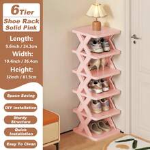 9/6 Tier Vertical Shoe Stand Space Saving Narrow Shoe Rack, Small Shoe Shelf, DIY Free Standing Shoes Storage Organizer For Entryway, Closet, Hallway, Easy Assembly And Stable In Structure, Black & White, Plastic Material, Consumables - 粉色升級版 - 查看 12