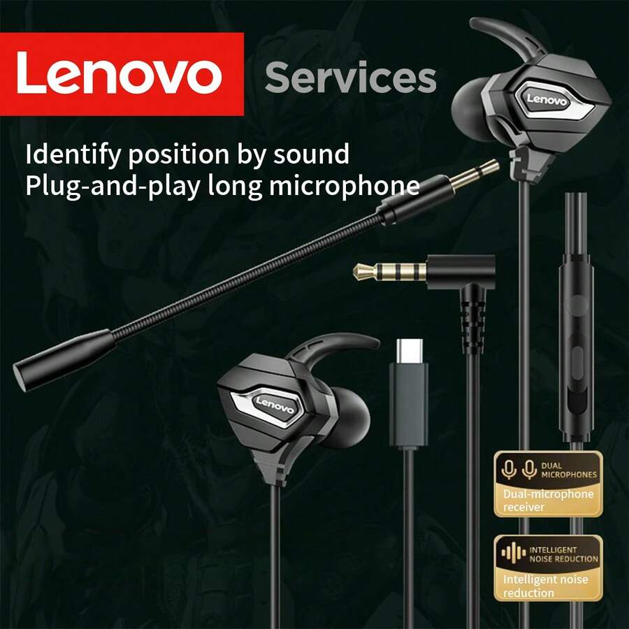 Lenovo Wired Gaming Earphones, In-Ear Headphones With Dual Microphones, Compatible With Smartphones, Laptops, Computers, Type-C Port