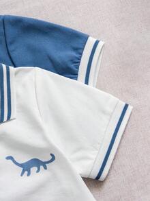 4件套夏季新款男婴恐龙印花Polo衫和休闲短裤套装 - 水鴨藍 - 查看 6