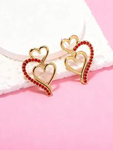 一对优雅甜美可爱镂空多层心形吊坠耳环，红色水钻装饰，情人节耳环，独特简约设计，适合女性，可作为情人节礼物和日常配饰 - 金色 - 查看 2
