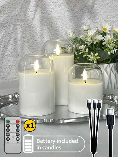 3pcs Rechargeable Candle Lights With Adjustable Brightness And Timer Remote Control, Warm White Flameless Odorless LED Candles, Home Decor Creative Gift, Warm Flame, For Lanterns, Yard, Christmas, Wedding, Birthday, Halloween, Valentine's Day, Party, Dining Table, Holidays, Great Gift Choice
