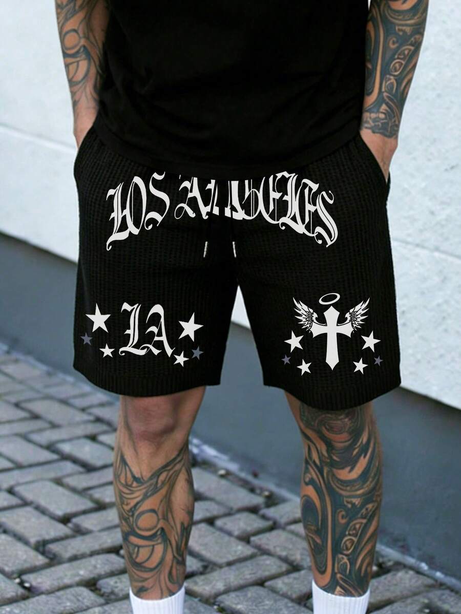 ONE WAVE 男士休闲百搭英文标语华夫格印花短裤，春夏款 - 黑色 - 查看 1