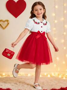 女童时尚撞色拼接连衣裙，清新草莓刺绣泡泡袖设计，配腰带，适合派对、户外休闲，尽显公主风夏季魅力 - 紅白色 - 查看 1