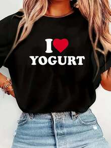 100% Cotton I Love Yogurt I Heart Yogurt Lover Food Frozen Greek T-Shirt Short Sleeve Round Neck Casual Top For Summer & Spring, Women's Men's Graphic Tee - màu đen - Xem 5