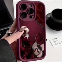 Wine Red Background Patchwork Floral Art Suitable For TPU Pattern Compatible With  17 Pro Max Phone Case Apple  16 Pro Max/15/14/13P/12/11/7/8P/X/XR/XS Max Shockproof Simple Creative High-Value Red Step Protection Case Holiday Gift Suitable For Various Scenarios Valentine's Day - 酒紅色 - 查看 1