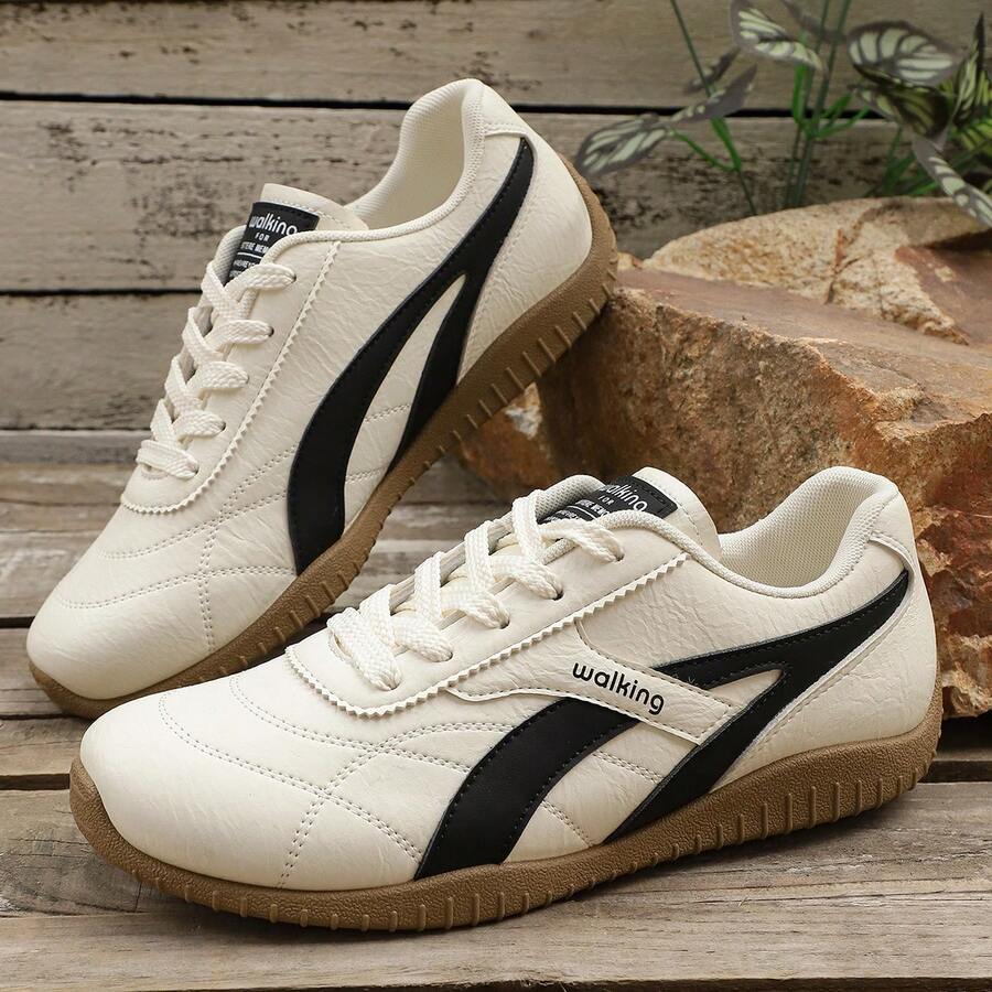 Women's Casual Patchwork Sneakers, Retro Versatile Lightweight Leather Trainers - Black - View 1