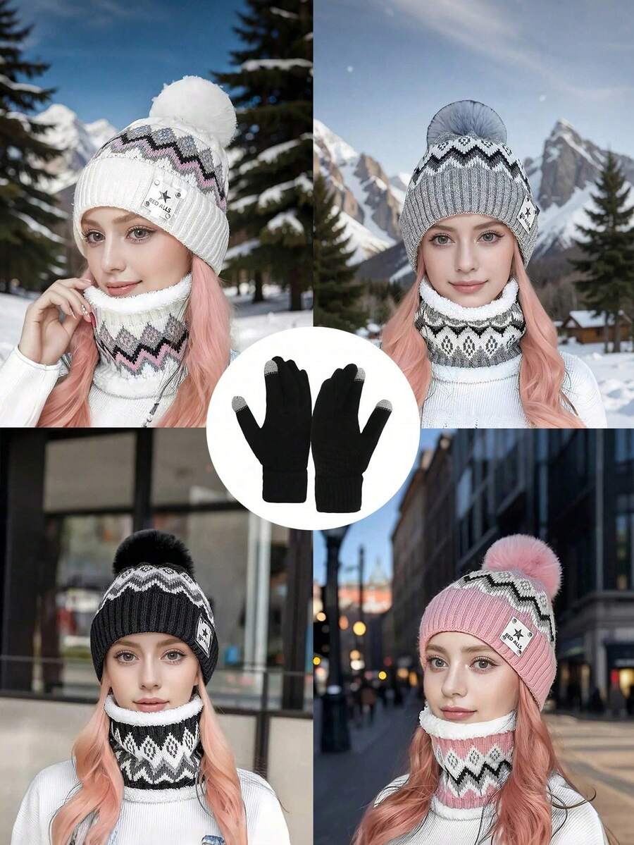 3-delars set: Stickad mössa med bokstavsmönster, fleecehalsduk och helfingervantar, varm vindtät stickad vintermössa för unisex, tjock fuzzyhalsduk och jacquardvantar, lämplig som julklappar - Multifärgad - Visa 1