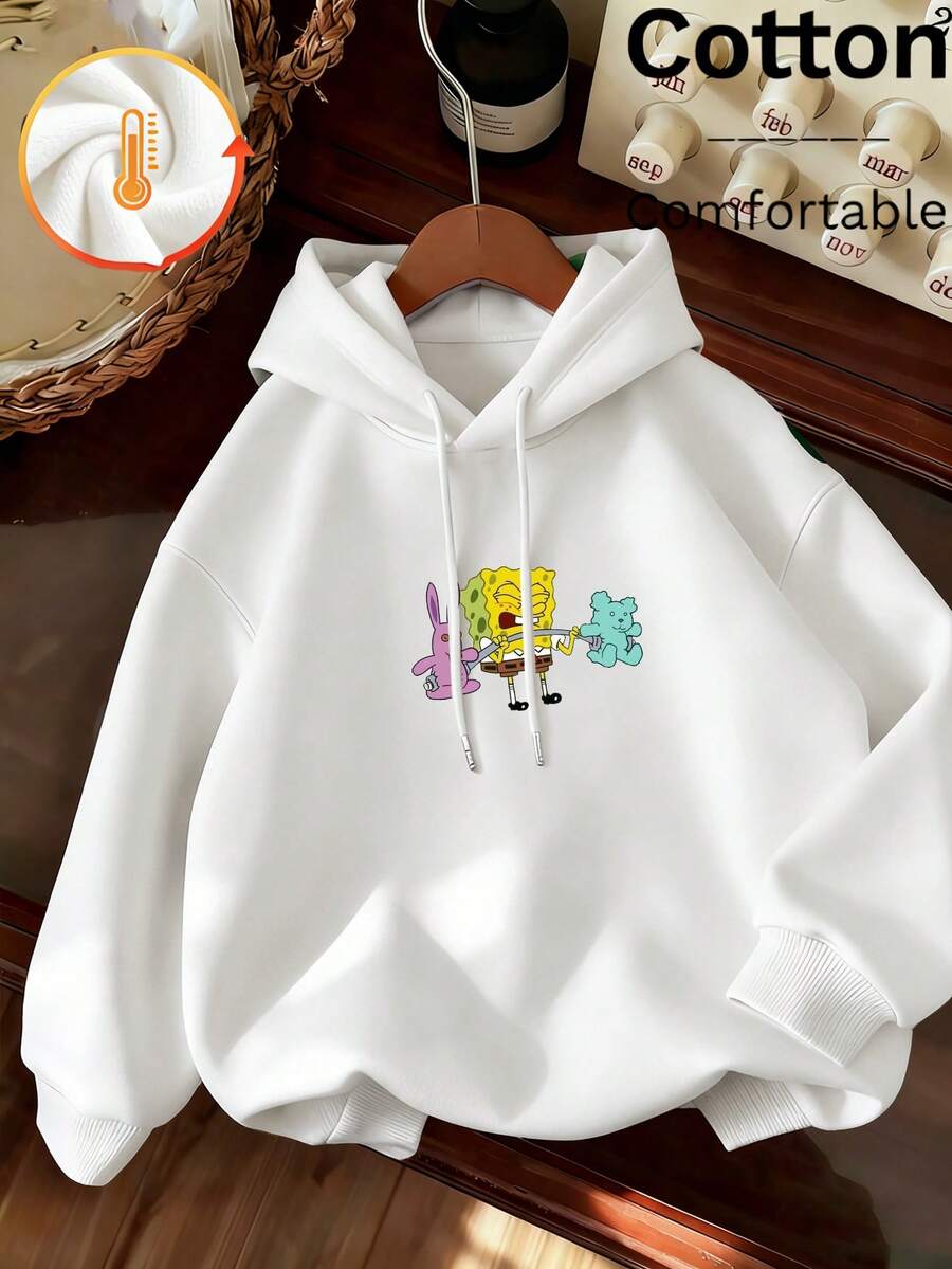 SPONGEBOB Este jersey con capucha y cordón de mujer de manga larga con costillas en color negro es adecuado para el otoño y el invierno. La parte delantera presenta una estampa alegre de Bob Esponja interactuando con un lindo conejo rosa y un oso de peluche azul, lleno de diversión. El corte holgado se adapta a varios tipos de Body, ya sea que se combine con vaqueros para un look casual o con una falda para un estilo juguetón, se puede combinar fácilmente. - Blanco - Ver 1