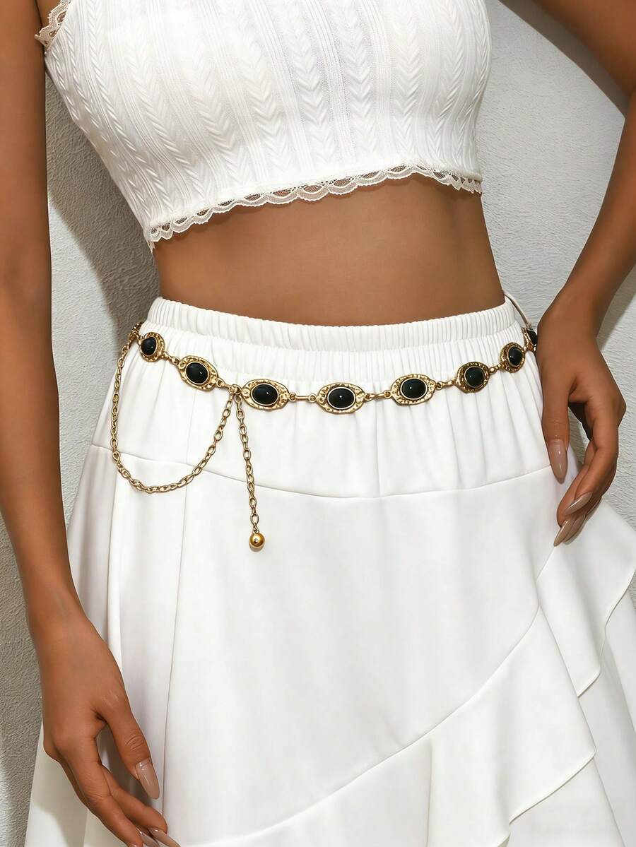 1 chiếc dây thắt lưng kim loại họa tiết hoa cổ điển, phong cách Bohemian, đa năng, có thể dùng làm dây đeo eo, dây đeo váy hoặc dây đeo quần, phù hợp cho nữ mặc hàng ngày và dự tiệc. - Màu xanh đậm - Xem 1
