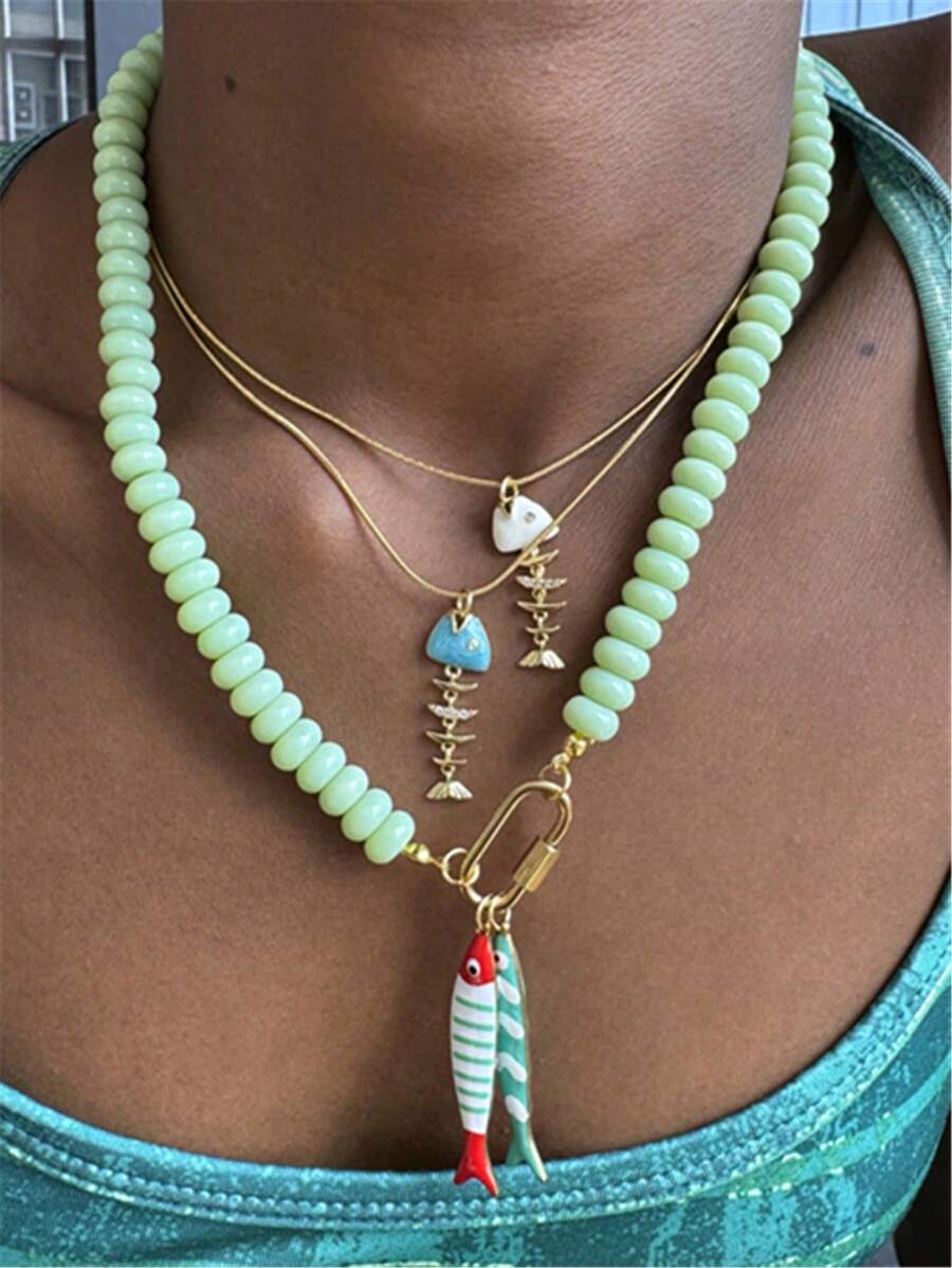 Colorful Drip Oil Stainless Steel Striped Fish Bone Pendant Necklace, Handmade Beaded Multi-Pendant Necklace, Versatile Accessory For Vacation And Gift - Necklace - View 1