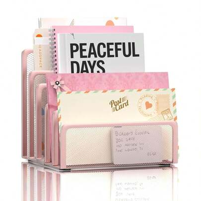 Mail Organizer Countertop With 5 Slot, Metal Mail Holder For Desk, File Holder Letter Sorter For Envelope, Bill And Document (Rose Gold)