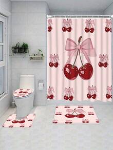 1/4pcs Pink Bow & Cherry Pattern Bathroom Curtain Set, Modern Style Home Decor Printed, Washable, Fashionable Theme, Suitable For All Seasons, Easy Installation - Includes 12 Hooks For Bathroom, Guest Room, Bedroom, Living Room - Multicolor - View 8