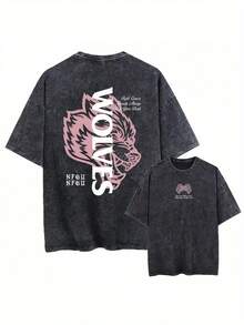 2026Darc Wolf Print Vintage Washed Men's T-Shirt, Perfect For Fitness And Weight Training, Loose Summer Gym T-Shirt, Suitable For Workouts. Loose And Comfortable, Casual And Easy To Wear, High-Quality Wax Printed Cotton Retro Fashion Brand T-Shirt, Men's T-Shirt, Beach Must-Have, Men's Summer T-Shirt, Holiday Gift, Perfect Gift, Valentine's Day Gift - 黑色 - 查看 2