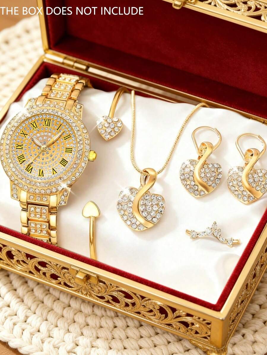 6 件套华丽奢华女士石英表和银饰套装（包括一款镶满水钻的金属表带罗马数字表盘石英表、心形水钻手链、项链、耳环和戒指），采用银色底座，并饰以满满的水钻。 - 金色 - 查看 1