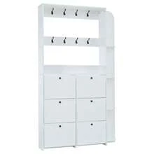 120 X 24 X 200 Cm, Entryway Coat Rack, 3-In-1 Multifunctional Shoe Cabinet, Hinged Door, 8 Hooks, Compact Coat Rack, Living Room Cabinet With 5 Shelves, White - White - View 5