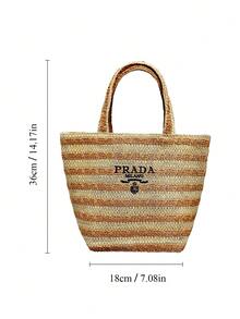 Prada Materiel Straw Tote, Striped Design, Spacious, Crossbody Bag, Beach Bag, Fashion - Brown - View 5